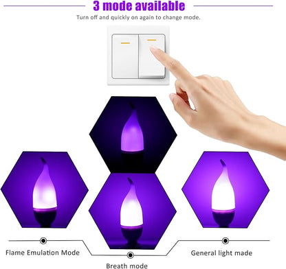 Bestview LED Flame Effect Light Bulbs,3 Modes Flickering Light Bulbs, Smart E12 Chandelier Base Candle Fire Light Bulb for Halloween, Christmas, Porch Indoor&Outdoor Decoration -6 Pack(Purple)