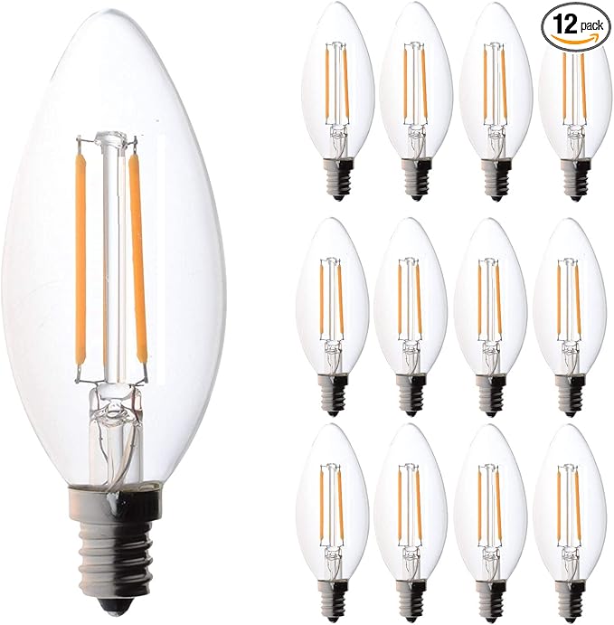 Bioluz LED Light Bulbs 4W Filament Candelabra Bulb, E12 Base High Efficiency LED Light Bulb, UL Listed, Ideal for Home Decor, Long-Lasting LED Bulbs, Bright and Energy Efficient, Pack of 12