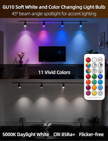 ILC GU10 LED Light Bulb, 40 Watt Equivalent Color Changing 12 Colors 5W Dimmable Daylight White 5000K RGB LED Light Bulbs with Remote Control (Pack of 4)