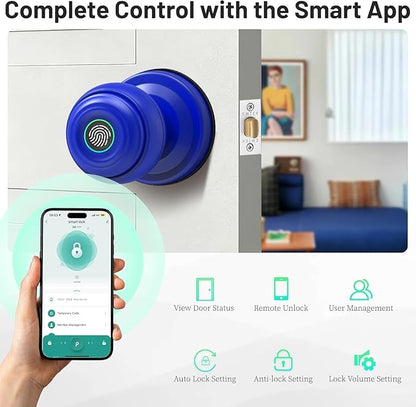 UMIKSMART Fingerprint Door Knob Lock, Smart Keyless Entry Door Knob with Tuya App Control & Auto-Lock, Backup Key, Easy Install for Home, Apartment, Office, Blue