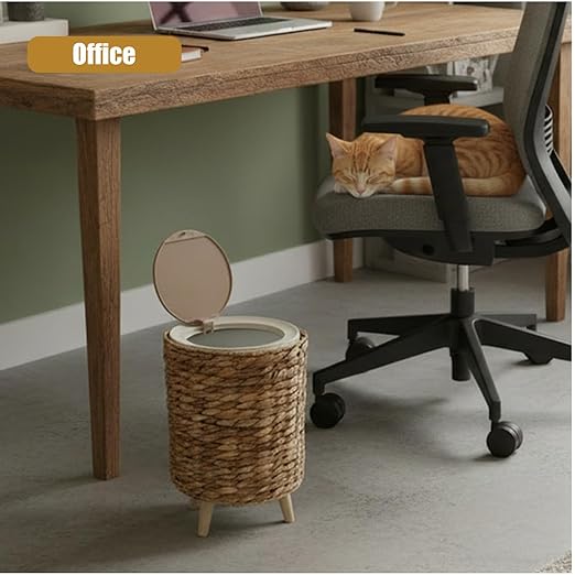 Yatmung 2.3 Gallon Wicker Trash Can - Boho Bathroom Trash Can with Lid - Natural Water Hyacinth Waste Basket for Bedroom, Living Room, Office - Removable Liner - Rattan Garbage Can with Wooden Leg
