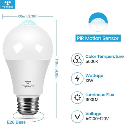 Motion Sensor Light Bulbs 13W (100W Equivalent), 3 Pack A19 E26 Motion Activated Dusk to Dawn LED Bulb, 5000K Daylight Security Light for Indoor Outdoor, Infrared Detector for Garage Porch Stairs