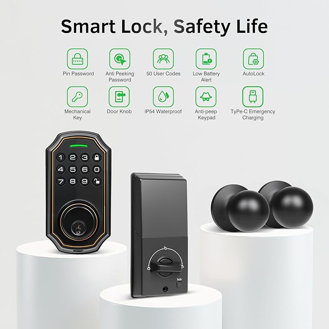 Smart Keyless Entry Door Lock with 2 Knobs,Front Door lock Handle Set,Electronic Digital Keypad Deadbolt,Auto Lock,50 User Codes,Voice Prompts,Anti-Peeking Password,Home, Apartment,Satin Nickel