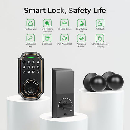 Smart Keyless Entry Door Lock with 2 Knobs,Front Door lock Handle Set,Electronic Digital Keypad Deadbolt,Auto Lock,50 User Codes,Voice Prompts,Anti-Peeking Password,Home, Apartment,Satin Nickel
