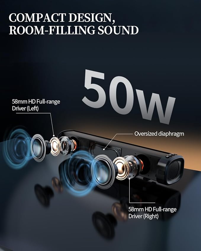 Sound Bar – 50W, Sound Bar for Smart TV, Sound Bar with Bluetooth 5.0, Optical/AUX Connectivity, Remote Control, Wall-Mountable Home Theater Audio, Compatible with TV, PC, and Phone