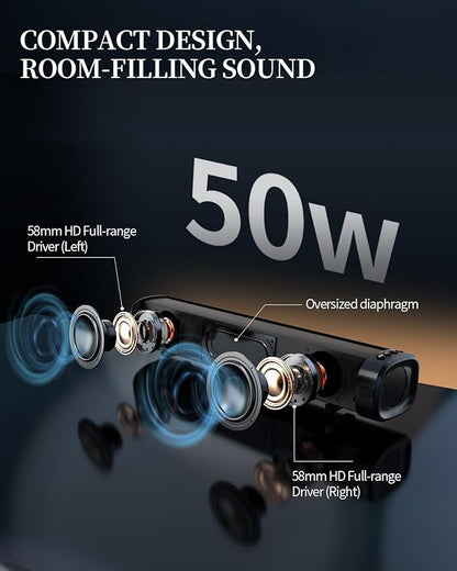Sound Bar – 50W, Sound Bar for Smart TV, Sound Bar with Bluetooth 5.0, Optical/AUX Connectivity, Remote Control, Wall-Mountable Home Theater Audio, Compatible with TV, PC, and Phone