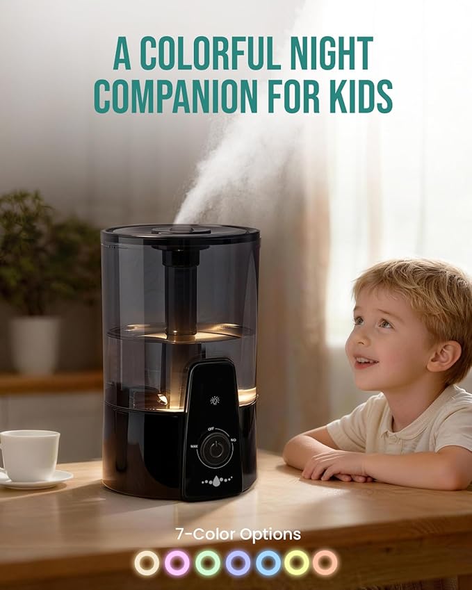 Humidifiers for Bedroom,1.06Gal(4L) Dishwasher Safe Design Easy to Clean, 3-in-1 Humidifier & Aroma Diffuser & Night Light,Top Fill,360° Ultra-Fine Spray,Auto Shut-Off,Home,Baby Nursery,Black