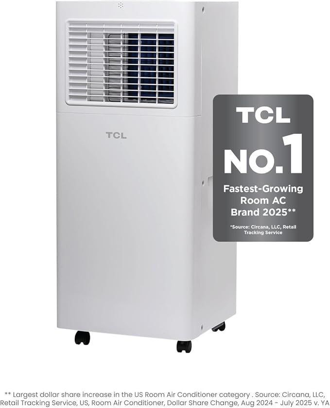 TCL H6P44W 6,000 BTU Smart Portable Air Conditioner, Fan & Dehumidifier, 250 Sq. Ft, Ultra-Compact Design, Remote Control, Compatible with Alexa/Google Assistant, Install Kit Included, White