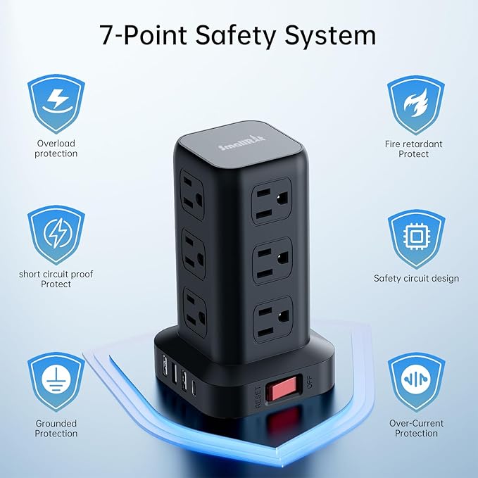 Extension Cord with Multiple Outlets, SMALLRT Surge Protector Power Strip Tower with USB Ports 12 AC Outlets, PD 20W USB C, 15FT Outlet Extender for Home Dorm, Office Supplies, Overload Protection