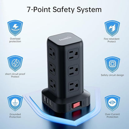 Extension Cord with Multiple Outlets, SMALLRT Surge Protector Power Strip Tower with USB Ports 12 AC Outlets, PD 20W USB C, 15FT Outlet Extender for Home Dorm, Office Supplies, Overload Protection