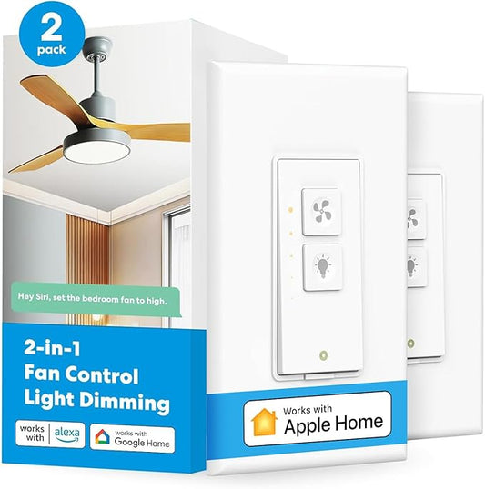 meross Smart Ceiling Fan Control and Dimmer Switch, Supports Apple HomeKit, Alexa, Google & SmartThings, 2.4G Wi-Fi Fan and Light Switch Combo, 4 Fan Speed, Neutral Wire Needed, Single Pole, 2 Pack