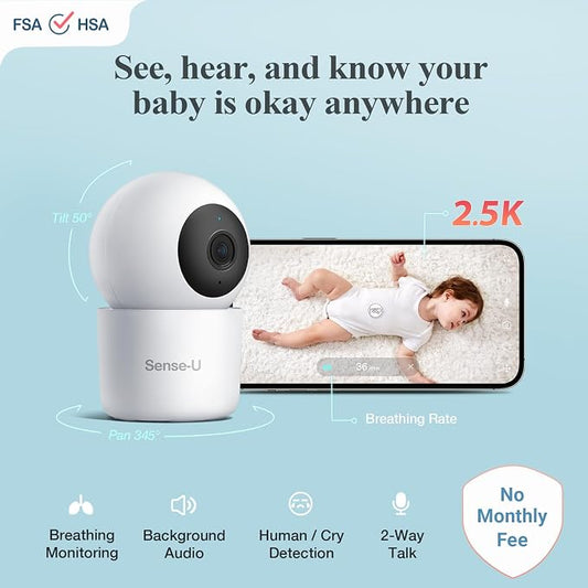 Sense-U AI 2.5K PTZ Baby Camera Monitor with Sensor-Free Sleep Movement Detection, Smart Security Indoor Video Camera with Background Audio, Cry Detection, No Monthly Fee, for Peace of Mind