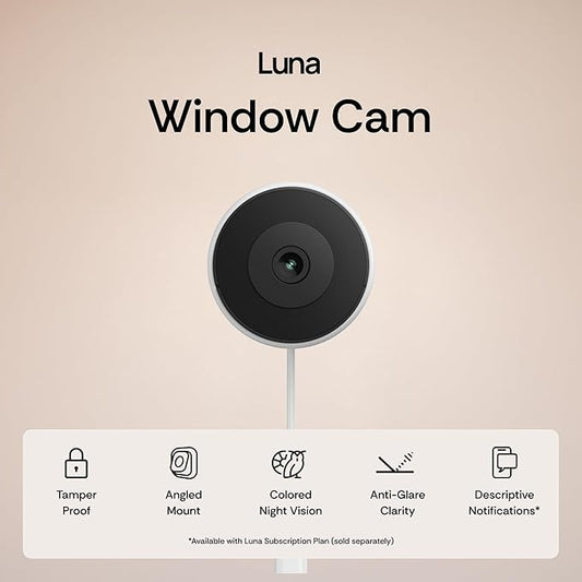 Luna 3MP 2K Window Camera, 2.4GHz & 5GHz WiFi6 Indoor Cameras for Home Security Outdoor, Smart AI Descriptive Motion Alert, Color Night Vision, Stick-On Glass-Angled Mount Wired, Easy & Quick Install