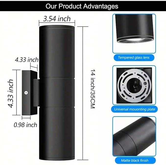 12Pack 14inch Outdoor Wall Light Fixtures, 14W Exterior Waterproof Modern Matte Black Wall Lamps with Cylindrical Aluminum Body,Porch Light for Front Door Patio Garden