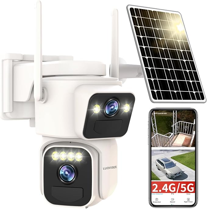 Luovisee Solar Security Cameras Outdoor Wireless, 2.4G/5G WiFi Cameras for Home Security, Dual Lens PTZ Motion Zone, 2-Way Audio, Night Vision, Weatherproof, SD/Cloud Storage