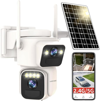 Luovisee Solar Security Cameras Outdoor Wireless, 2.4G/5G WiFi Cameras for Home Security, Dual Lens PTZ Motion Zone, 2-Way Audio, Night Vision, Weatherproof, SD/Cloud Storage