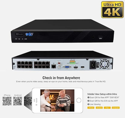 GW Security 16 Channel 8MP Fulltime Color Night Vision 4K NVR Security Camera System with 12 UltraHD 4K Two-Way Audio Outdoor/Indoor Smart AI Face Recognition Human Vehicle Detection PoE Dome Cameras