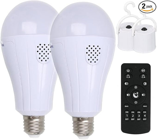 Rechargeable Emergency Light Bulbs with Remote, 3 Color Temperatures and Dimmable 1200mAh 12W Removable Battery Operated Light Bulb for Home, Camping, Tent,Pack of 2（2 Bulb+1 Remote,with Hook）