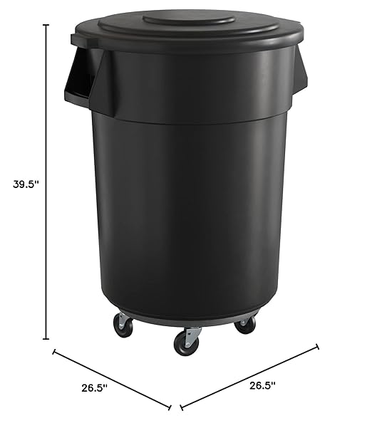 55 Gallon Black Round Commercial Trash Can with Lid and Dolly, Heavy-Duty Food Grade NSF Certified, Perfect for Restaurant, Office, School, Garage, Backyard, Workshop, Warehouse