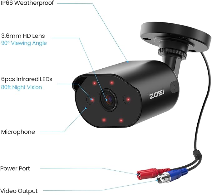 ZOSI 1080p Wired Outdoor Security Camera with Audio Recording, 2MP TVI Surveillance CCTV Bullet Camera Indoor, 80ft IR Night Vision, 90° Wide View, IP66 Weatherproof, Works with Our DVR