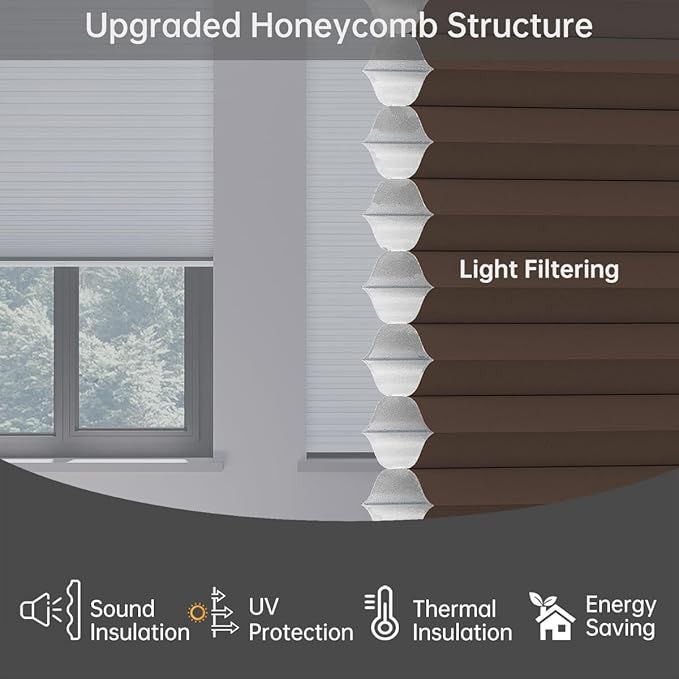 Cellular Shades Light Filtering Honeycomb Blinds for Indoor Windows, Cordless Cellular Shades 1.5 inch Cell Pleated for Bedroom Home Office, Custom Size, Half Shading Brown