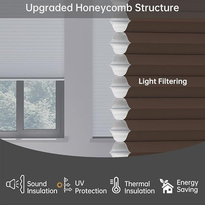 Cellular Shades Light Filtering Honeycomb Blinds for Indoor Windows, Cordless Cellular Shades 1.5 inch Cell Pleated for Bedroom Home Office, Custom Size, Half Shading Brown
