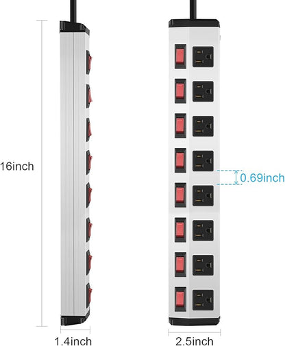 8 Outlet Metal Power Strip with Individual Switches,Heavy Duty Appliance Power Strip with Flat Plug,1200J Surge Protector,10FT Extension Cord,15A 120V 1800W,Home Office School Shop Industrial