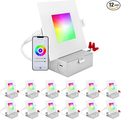 LUXRITE 12-Pack 4 Inch Square Smart LED Recessed Lighting, RGBW Color Changing, WiFi App Control, Voice Control with Alexa and Google Home, No Hub Required, 10.5W 700LM, CRI 90, IC Rated, Wet Rated