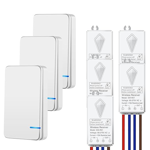 NineLeaf Wireless Light Switch Kit, No Wiring Remote Control, Mini Receiver for Ceiling Lights,Lamps, No WiFi, 1969FT Outdoor 328FT Indoor Range, IP66 Waterproof, 1000W LED(3Switches 5Receivers)