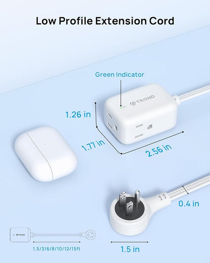 TROND Rotating Flat Plug Extension Cord Surge Protector 1.5ft, 3 AC, White