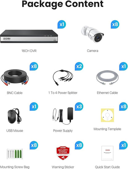 ZOSI 16 Channel Wired Security Camera System with 2TB HDD, 8 x 1080P Outdoor Metal CCTV Cameras with Audio, Human/Vehicle Detection, Night Vision, No Monthly Fee, 16CH DVR for Business 24/7 Recording