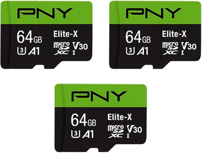 PNY 64GB Elite-X Class 10 U3 V30 microSDXC Flash Memory Card, 3 Count (Pack of 1) - 100MB/s, Class 10, U3, V30, A1, 4K UHD, Full HD, UHS-I, Micro SD