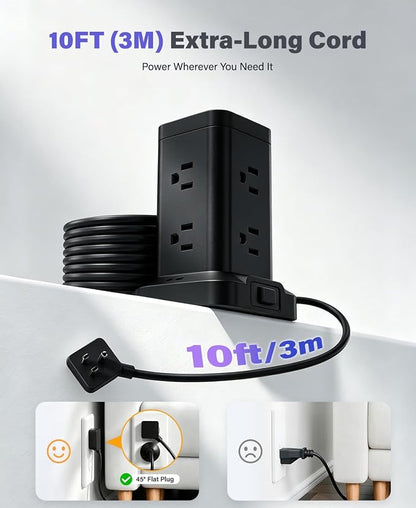 Power Strip Surge Protector, Fast Charging PD20W USB-C Tower, Black, 10FT | 8 AC Outlets with 2 PD20W USB-C & 1 USB-A Tatal 11 Outlets; Extension Cord for Multiple Devices; for Home Office Dorm Room