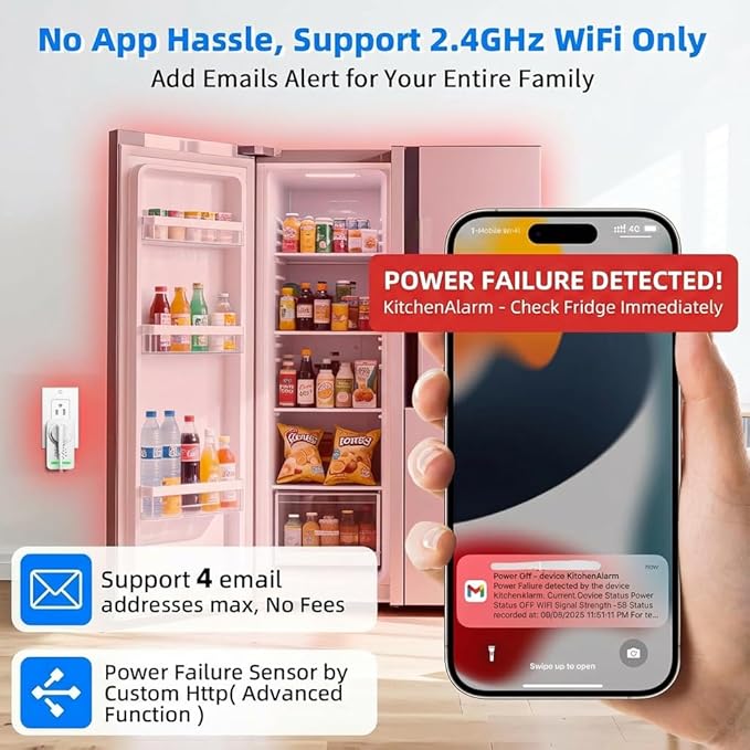 WiFi Power Failure Alarm - Multi-User Email Alert (Up to 4 Addresses), 120dB Loud Siren with 6 Tones, Free Real-Time Notifications for Freezer/Sump Pump/GFCI Monitor - No App, No Subscription Required
