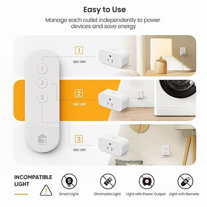 TREATLIFE 3Pack Mini Remote Control Outlet Plug with Magnetic Remote, 15A/1800W Wireless Light Switch for Lamps, Fans, Household Appliances, No Hub Required, 2 Years Warranty