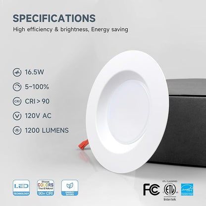 ECOELER 5/6 Inch LED Dimmable Recessed Lighting, 5CCT Selectable Ceiling Can Light, 16.5W 1200 Lm, Replacement Downlight Retrofit Kit for Baseroom, Kitchen, ETL & FCC Listed, 12 Pack
