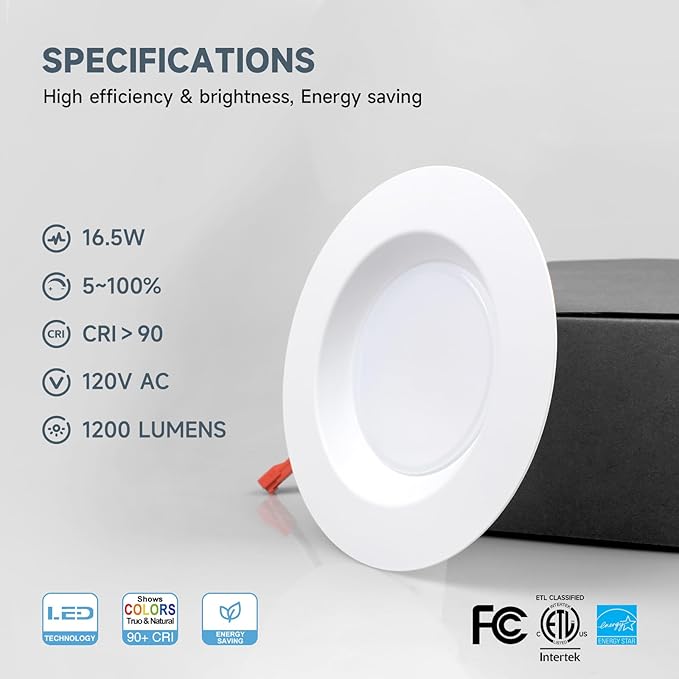 ECOELER 5/6 inch LED Recessed Lighting, Dimmable Ceiling Can Light, 16.5W 1200Lm, 5CCT Selectable(27K, 30K, 40K, 50K, 60K), Aluminum Trim, Retrofit Installation Downlight - ETL & FCC Listed