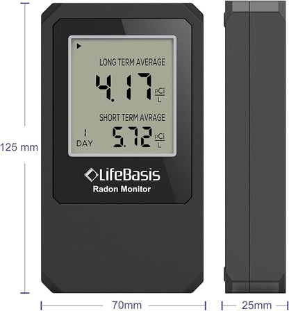 LifeBasis Radon Detector, Radon Test for Home with Long and Short Term Radon Meter, Home Radon Gas Monitor US Version-pCi/L (Update Version, Matte Black)