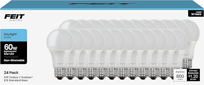 Feit Electric A19 LED Light Bulbs, 60W Equivalent, Non Dimmable, 800 Lumens, E26 Standard Base, 5000k Daylight, 80 CRI, 10 Year Lifetime, Energy Efficient, 24 Pack, A800850/10KLED/MP/24