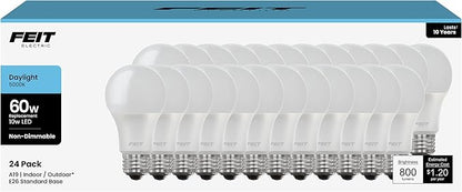 Feit Electric A19 LED Light Bulbs, 60W Equivalent, Non Dimmable, 800 Lumens, E26 Standard Base, 5000k Daylight, 80 CRI, 10 Year Lifetime, Energy Efficient, 24 Pack, A800850/10KLED/MP/24