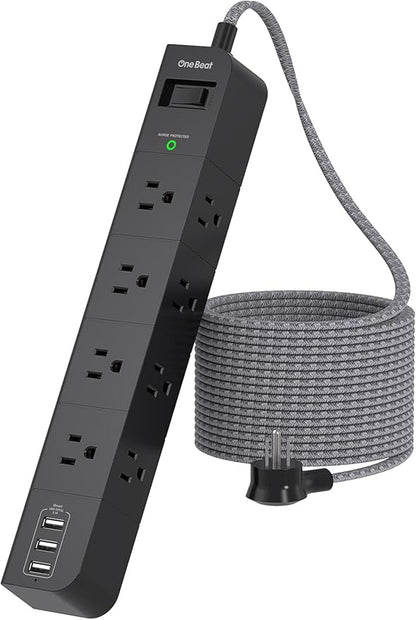10 ft Surge Protector Power Strip, Flat Plug Extension Cord with 8 Widely Spaced AC Outlets and 3 USB Ports, ETL Listed Desktop Charging Station for Home Office Travel Computer Wall Mount, Black