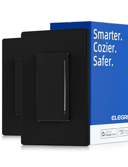 ELEGRP Smart Dimmer Light Switch DTR30, Single Pole or 3 Way, 2.4GHz Wi-Fi Touch Dimmer Compatible with Alexa/Google Assistant, Needs Neutral Wire, No Hub Required, UL Listed, Matte Black, 2 Pack