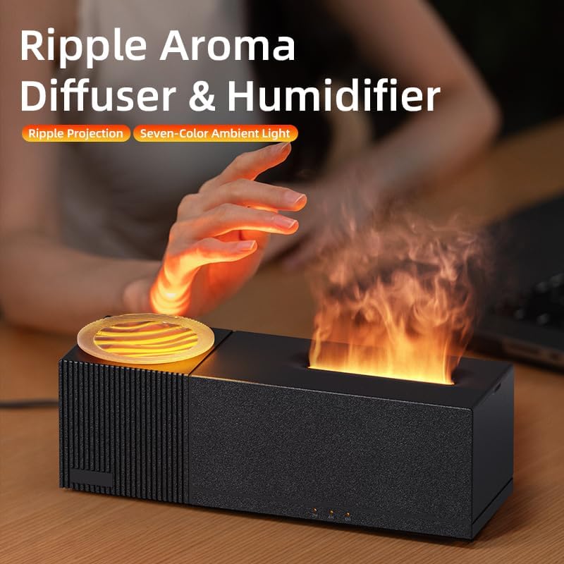 Essential Oil Diffuser, Flame Oil Diffuser - Aromatherapy Aroma Humidifier, Ripple Projection Vibe Remote Control - Perfect for Bedroom Home Office (150ml Ripple Flame, White)