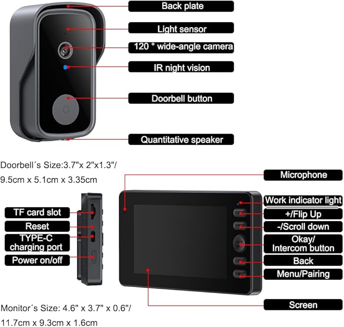 Doorbell Camera Wireless No Subscription Video Doorbell, Bidirectional Wake-up, Two-Way Intercom, 1080P Video, 4.3” Screen, 120° Angle, No APP, No WiFi