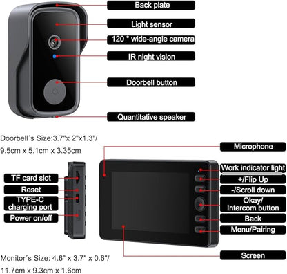 Doorbell Camera Wireless No Subscription Video Doorbell, Bidirectional Wake-up, Two-Way Intercom, 1080P Video, 4.3” Screen, 120° Angle, No APP, No WiFi