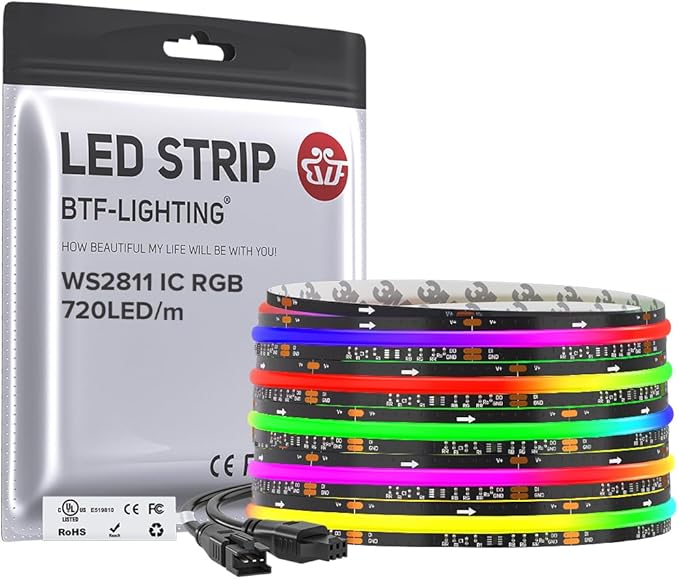 BTF-LIGHTING 16.4FT WS2811 Smart IC RGB DC24V FCOB COB LED Strip Light | UL Listed 720LEDs/m High Density Color Chasing Light 12mm Width Black PCB for Home DIY Lighting(No Adapter or Controller)
