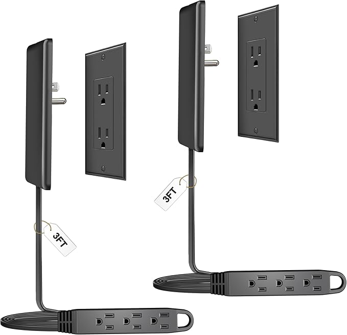 CABOCASA 2 Pack 3FT Flat Plug Extension Cord Power Strip with 3 Outlets, Patented Detachable Ultra Thin Outlet Cover Concealer & Ultra Flat Plug, Max. 13A 125V 1625W ETL Listed, Black Color