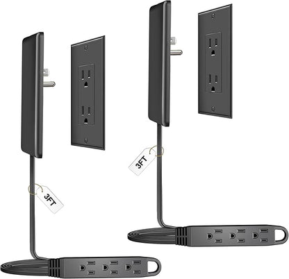 CABOCASA 2 Pack 3FT Flat Plug Extension Cord Power Strip with 3 Outlets, Patented Detachable Ultra Thin Outlet Cover Concealer & Ultra Flat Plug, Max. 13A 125V 1625W ETL Listed, Black Color