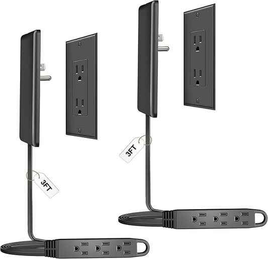 CABOCASA 2 Pack 3FT Flat Plug Extension Cord Power Strip with 3 Outlets, Patented Detachable Ultra Thin Outlet Cover Concealer & Ultra Flat Plug, Max. 13A 125V 1625W ETL Listed, Black Color