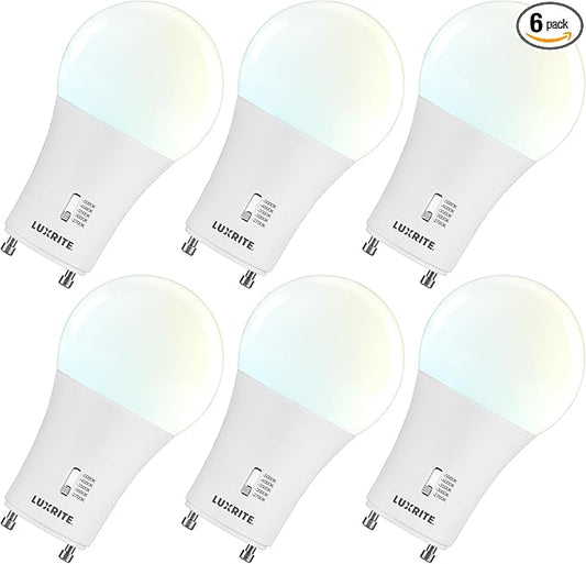 LUXRITE A19 GU24 LED Bulb, 60 Watt Equivalent, CRI90, 5CCT 2700K 3000K 3500K 4000K 5000K, Dimmable, 800 Lumens, 2 Prong Twist Lock Light Bulbs, 9W, GU24 Base, Damp Rated, ETL Listed (6 Pack)